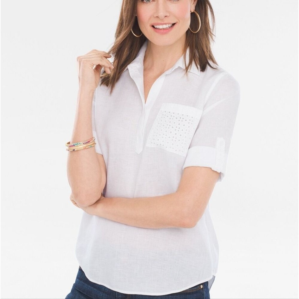 CHICO'S Size 0 White 100% Linen Eyelet Pocket Button Sleeve Top